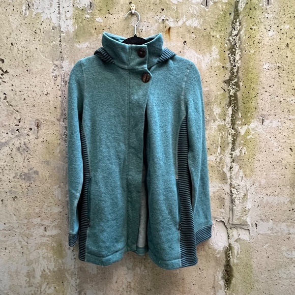 PrAna Kari Sweater / Jacket in Teal Green, Wool Blend + Fleece with Hood, Small - Picture 3 of 16